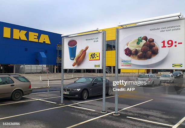 Advertising for IKEA meat balls is pictured at the parking at Ikea store in Malmo on February 25, 2012. Swedish furniture giant Ikea has withdrawn...