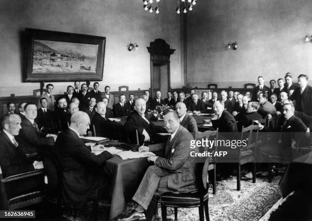 Picture taken on October 16, 1925 shows French Foreign Minister Aristide Briand and his German counterpart Gustav Stresemann during the signing...