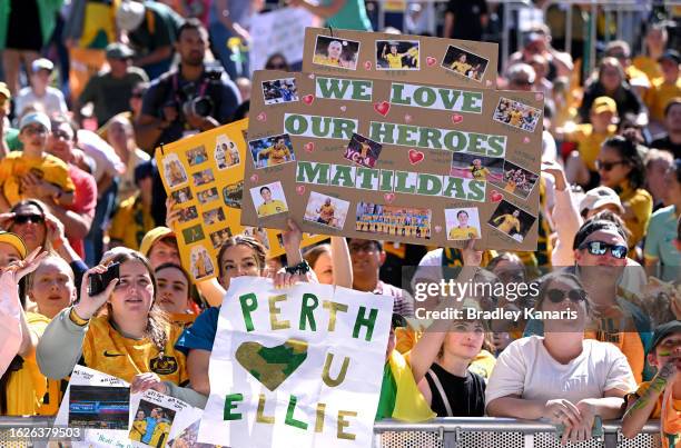 Fans show their support during the Australian Matildas community reception following their 2023 FIFA Women's World Cup campaign, at City Botanic...