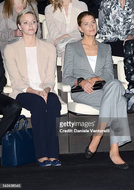 Princess Charlene of Monaco and Tatiana Blatnik attend the Giorgio Armani fashion show during Milan Fashion Week Womenswear Fall/Winter 2013/14 on...