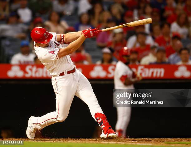 Hunter Renfroe of the Los Angeles Angels his a home run against the Tampa Bay Rays in the fifth inning of game two of a doubleheader at Angel Stadium...