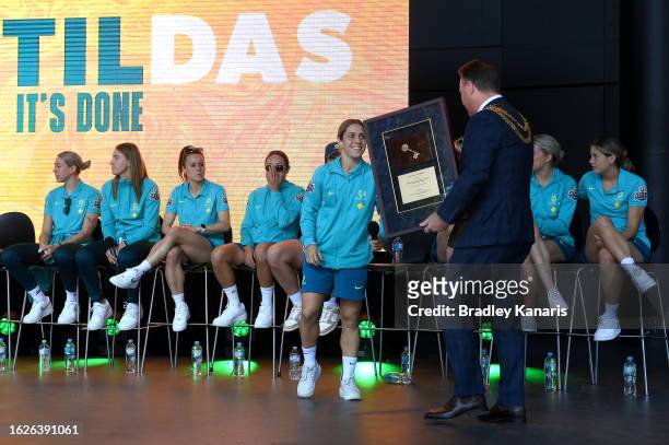 Katrina Gorry accepts the keys to the city on behalf of the Matildas from Brisbane Lord Mayor Adrian Schrinner during the Australian Matildas...