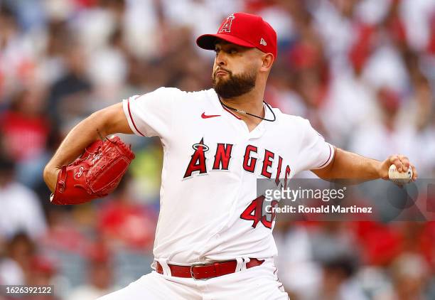 Patrick Sandoval of the Los Angeles Angels throws against the Tampa Bay Rays in the second inning of game two of a doubleheader at Angel Stadium of...