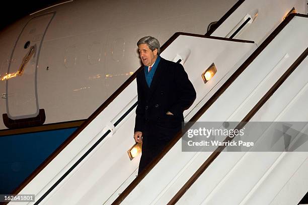 Newly appointed U.S. Secretary of State, John Kerry, arrives in the UK at Stansted Airport on February 24, 2013 in Stansted, England. Kerry is...