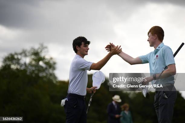 Player Marcel Fonseca Aguilar checks Team Great Britain and Ireland player Donnacha Cleary on Day Two of the The Jacques Leglise Trophy at Golf de...