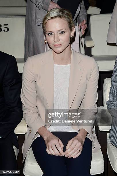 Princess Charlene of Monaco attends at the Giorgio Armani fashion show during Milan Fashion Week Womenswear Fall/Winter 2013/14 on February 25, 2013...