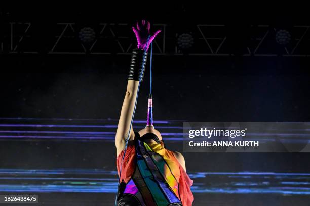 South Korean singer Karen O from the US band "Yeah Yeah Yeahs" performs on stage during the Rock en Seine music festival in Saint-Cloud, south-west...