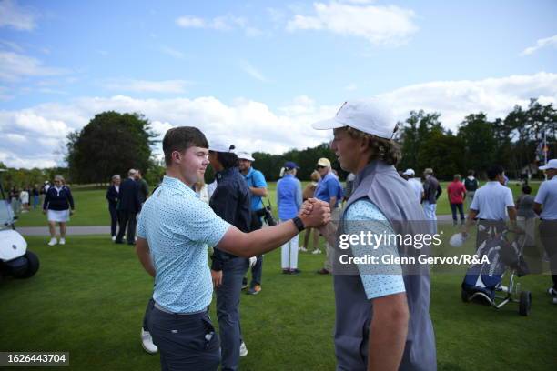 Team Great Britain and Ireland player Dylan Shaw-Radford with teammate Niall Sheils Donegan on Day Two of the The Jacques Leglise Trophy at Golf de...