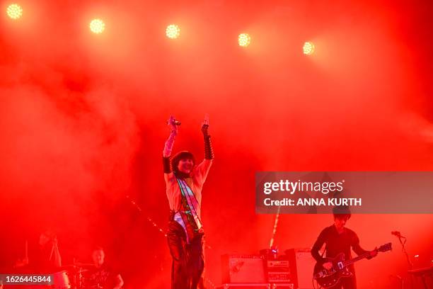 South Korean-American singer Karen O of the US rock band "Yeah Yeah Yeahs" performs on stage during the 20th edition of the Rock en Seine music...