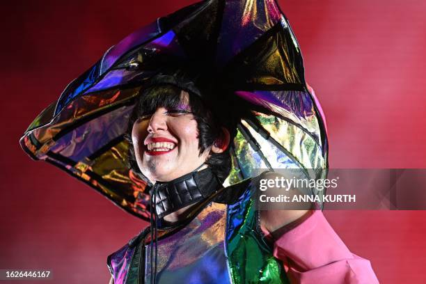 South Korean-American singer Karen O of the US rock band "Yeah Yeah Yeahs" performs on stage during the 20th edition of the Rock en Seine music...
