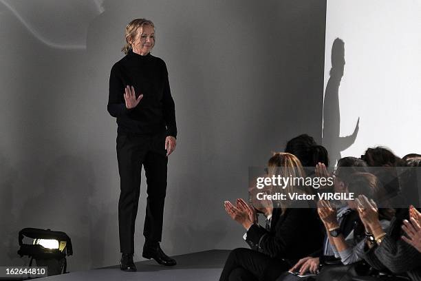 Fashion designer Jil Sander walks the runway at the Jil Sander Ready to Wear Fall/Winter 2013-2014 fashion show as part of Milan Fashion Week...