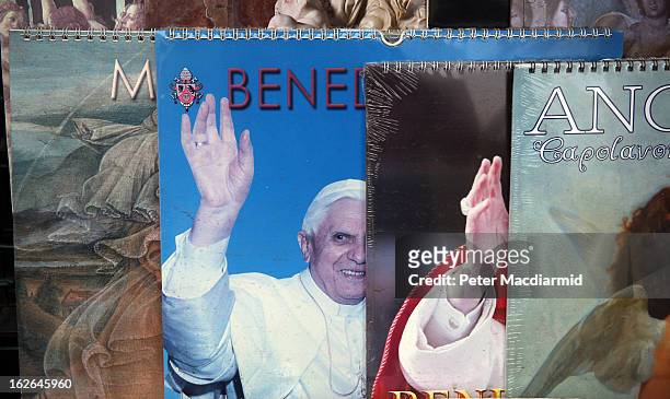 Souvenir calendars of Pope Benedict XVI are displayed for sale on February 25, 2013 in Rome, Italy. The Pontiff will hold his last weekly public...