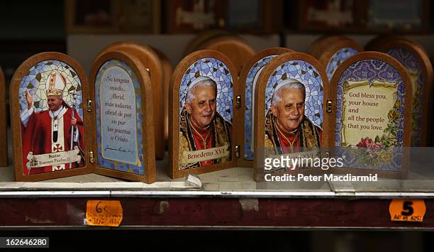 Souvenirs of Pope Benedict XVI are sold on February 25, 2013 in Rome, Italy. The Pontiff will hold his last weekly public audience on February 27,...