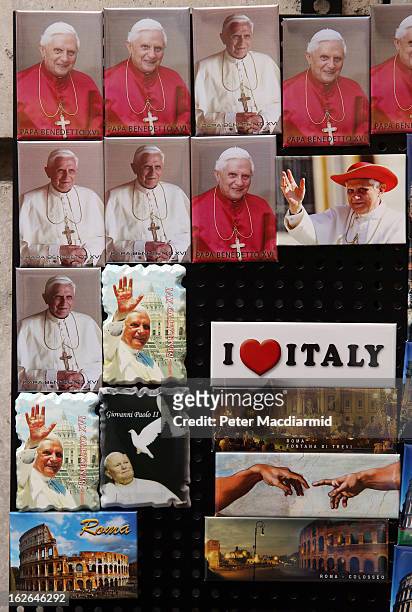 Fridge magnets of Pope John Paul II and Pope Benedict XVI are sold on February 25, 2013 in Rome, Italy. The Pontiff will hold his last weekly public...