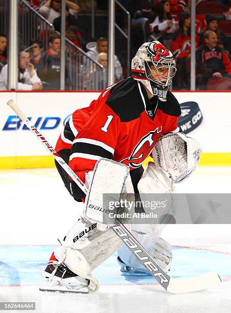 Johan Hedberg of the New Jersey Devils in action against the Winnipeg Jets during their game at the Prudential Center on February 24, 2013 in Newark,...