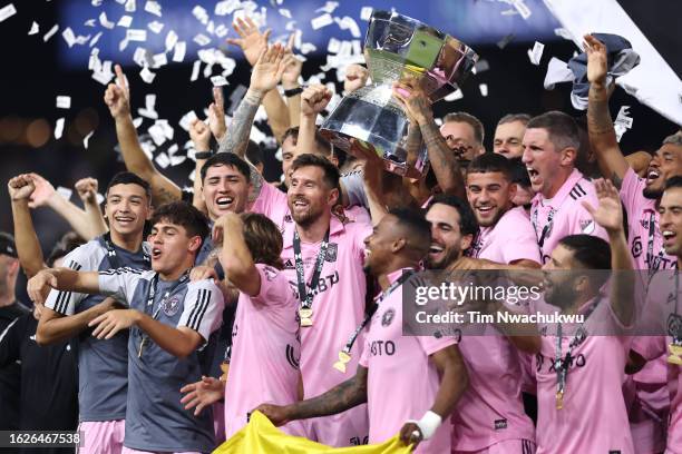 Lionel Messi of Inter Miami hoist the trophy with his teammates after defeating the Nashville SC to win the Leagues Cup 2023 final match between...