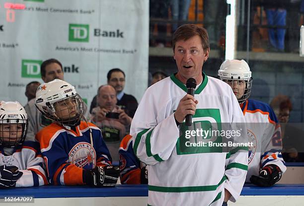 Hockey Hall of Famer Wayne Gretzky makes an appearance at the Abe Stark Arena on February 25, 2013 in New York City. The event was organized by TD...