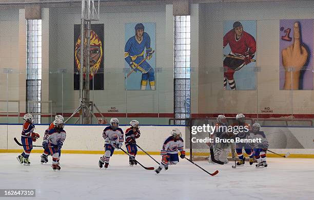 Youth players take to the ice during an appearance by Hockey Hall of Famer Wayne Gretzky at the Abe Stark Arena on February 25, 2013 in New York...