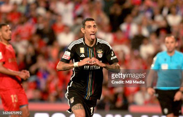 Angel Di Maria of SL Benfica celebrates after scoring his penalty goal ,during the Liga Portugal Bwin match between Gil Vicente and SL Benfica at...