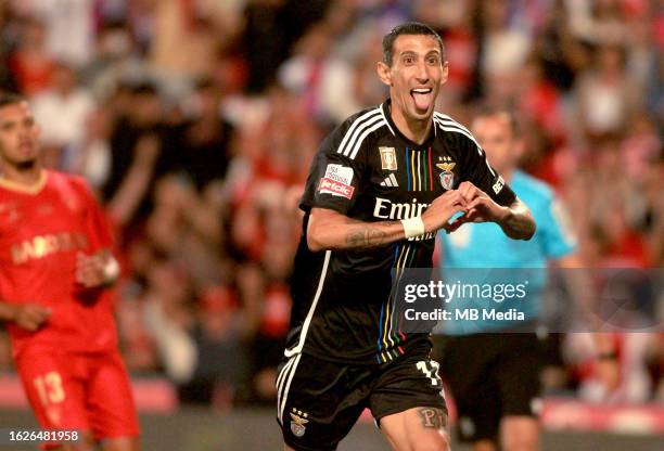 Angel Di Maria of SL Benfica celebrates after scoring his penalty goal ,during the Liga Portugal Bwin match between Gil Vicente and SL Benfica at...