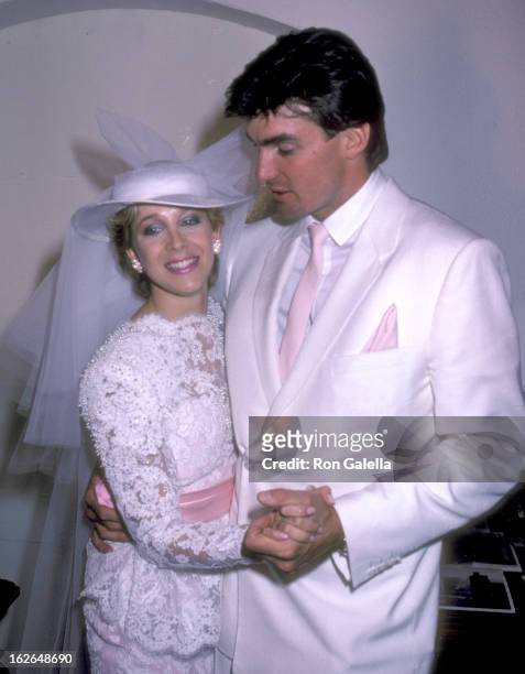 Actor Sam J. Jones and fiance Lynn Eriks pose for photographs at their wedding reception on May 1, 1982 at the Berwin Entertainment Center in...