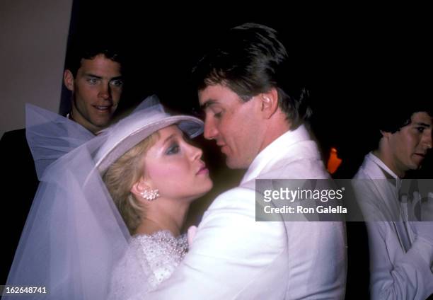 Actor Sam J. Jones and fiance Lynn Eriks pose for photographs at their wedding reception on May 1, 1982 at the Berwin Entertainment Center in...