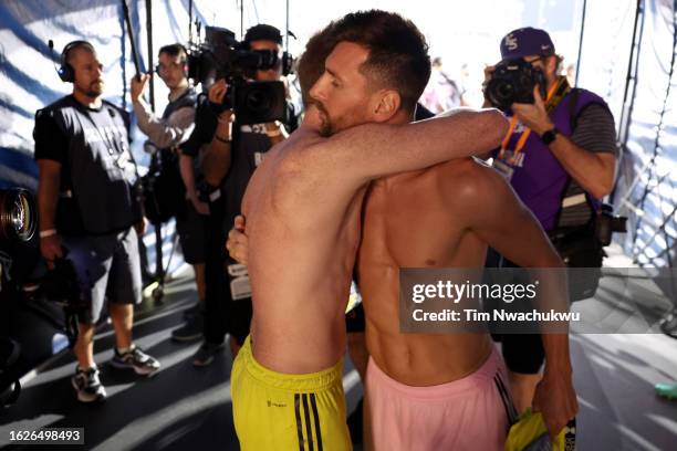 Lionel Messi of Inter Miami CF hugs Dax McCarty of Nashville SC following the Leagues Cup 2023 final match between Inter Miami CF and Nashville SC at...