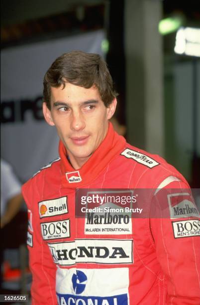 Portrait of McLaren Honda driver Ayrton Senna of Brazil before the Brazilian Grand Prix at the Rio circuit in Brazil. Senna was disqualified for...