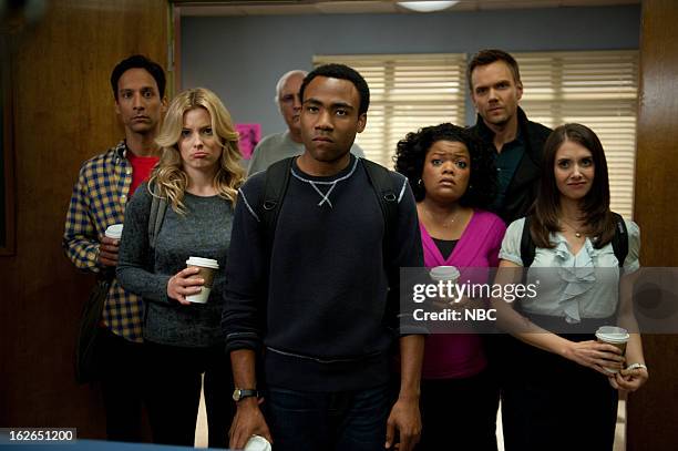 Alternative History of the German Invasion" Episode 402 -- Pictured: Danny Pudi as Abed Nadir, Gillian Jacobs as Britta Perry, Chevy Chase as Pierce...