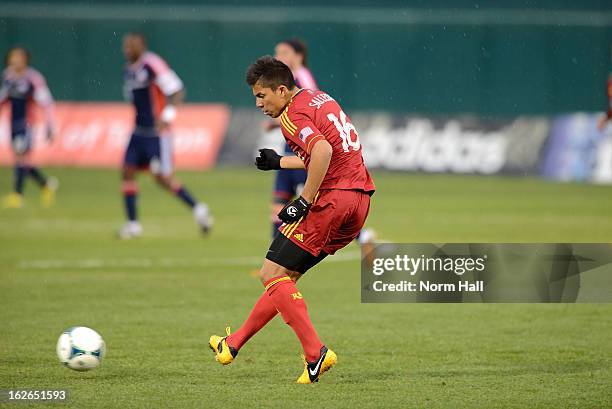 Carlos Salcedo of Real Salt Lake brings the ball up field against the New England Revolution at Kino Sports Complex on February 20, 2013 in Tucson,...