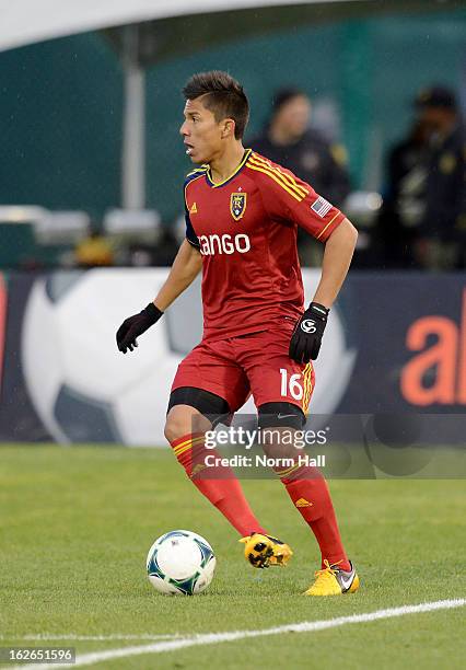 Carlos Salcedo of Real Salt Lake brings the ball up field against the New England Revolution at Kino Sports Complex on February 20, 2013 in Tucson,...