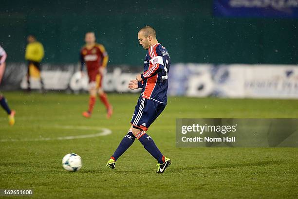 Soares of the New England Revolution passes the ball up field against Real Salt Lake at Kino Sports Complex on February 20, 2013 in Tucson, Arizona.