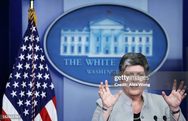 Homeland Security Secretary Janet Napolitano speaks during the White House daily briefing at the James Brady Press Briefing Room of the White House...