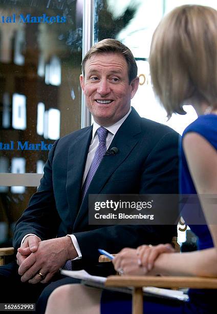 Chuck Jeannes, chief executive officer of Goldcorp Inc., speaks during a Bloomberg Television interview at the BMO Capital Global Metals and Mining...