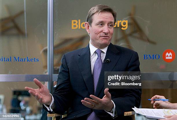 Chuck Jeannes, chief executive officer of Goldcorp Inc., speaks during a Bloomberg Television interview at the BMO Capital Global Metals and Mining...