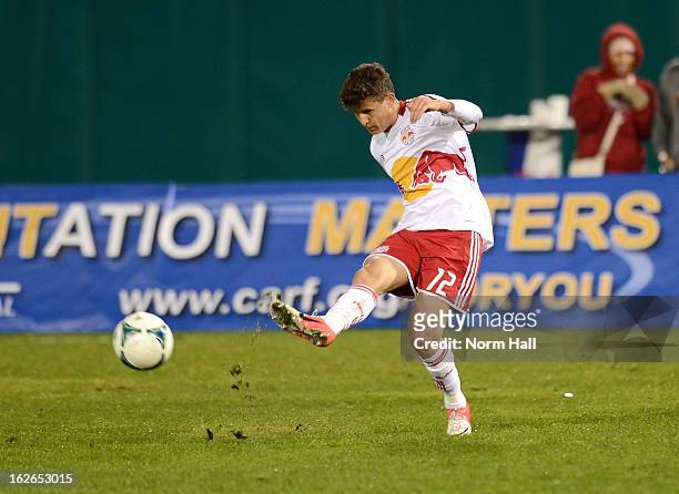 Ruben Izquierdo of the New York Red Bulls brings the ball up field against the Seattle Sounders at Kino Sports Complex on February 20, 2013 in...