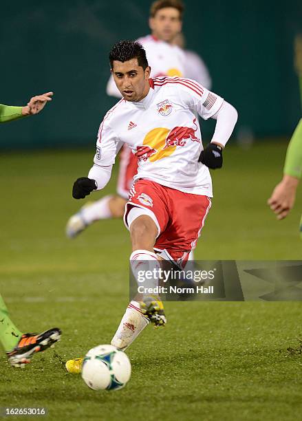 Josue Martinez of the New York Red Bulls kicks the ball up field against the Seattle Sounders at Kino Sports Complex on February 20, 2013 in Tucson,...