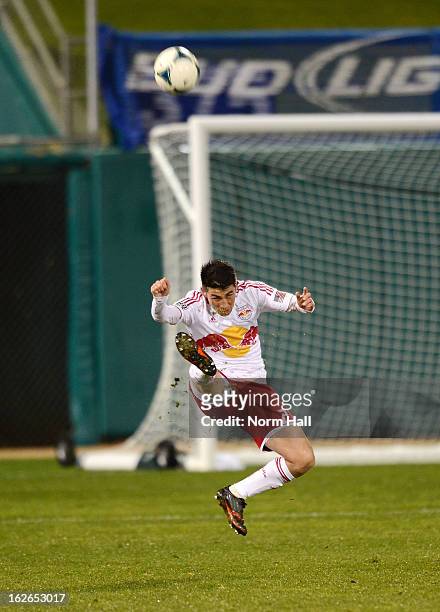 Kosuke Kimura of the New York Red Bulls kicks the ball up field against the Seattle Sounders at Kino Sports Complex on February 20, 2013 in Tucson,...