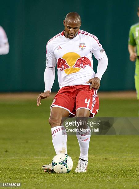 Jamison Olave of the New York Red Bulls brings the ball up field against the Seattle Sounders at Kino Sports Complex on February 20, 2013 in Tucson,...