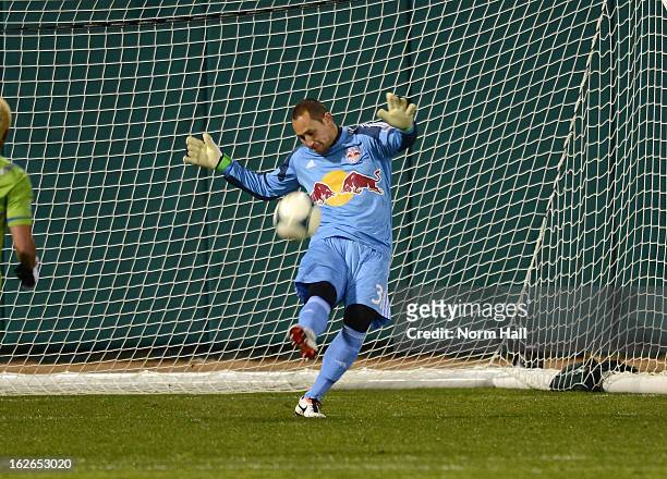 Luis Robles of the New York Red Bulls kicks the ball up field against the Seattle Sounders at Kino Sports Complex on February 20, 2013 in Tucson,...