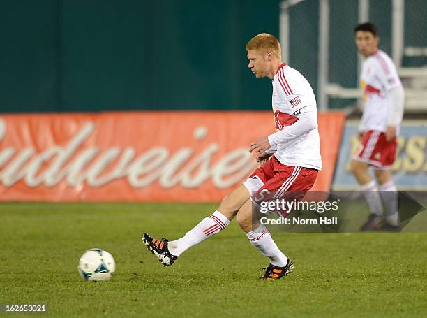 Markus Holgersson of the New York Red Bulls passes the ball up field against the Seattle Sounders at Kino Sports Complex on February 20, 2013 in...