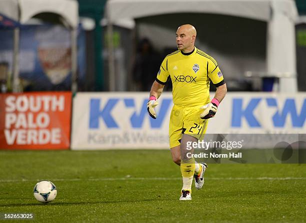 Marcus Hahnemann of the Seattle Sounders kicks the ball up field against the New York Red Bulls at Kino Sports Complex on February 20, 2013 in...