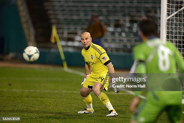 Marcus Hahnemann of the Seattle Sounders gets ready to make a save against the New York Red Bulls at Kino Sports Complex on February 20, 2013 in...