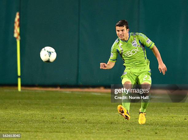 Servando Carrasco of the Seattle Sounders kicks the ball up field against the New York Red Bulls at Kino Sports Complex on February 20, 2013 in...