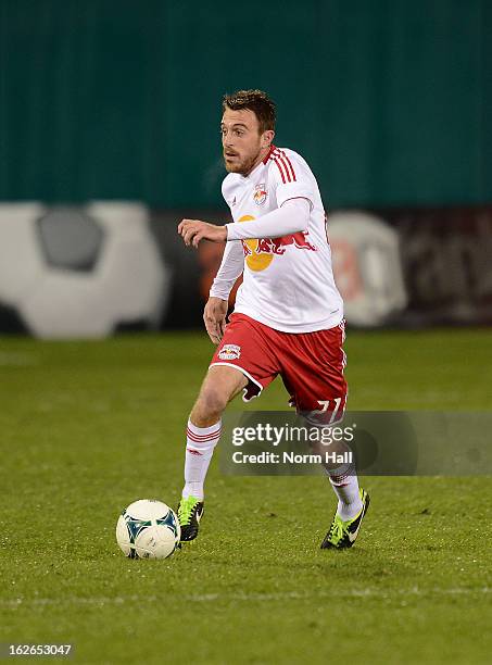 Andrew Ribeiro of the New York Red Bulls brings the ball up field against the Seattle Sounders at Kino Sports Complex on February 20, 2013 in Tucson,...