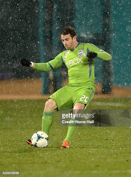 Zach Scott of the Seattle Sounders kicks the ball up field against the New York Red Bulls at Kino Sports Complex on February 20, 2013 in Tucson,...