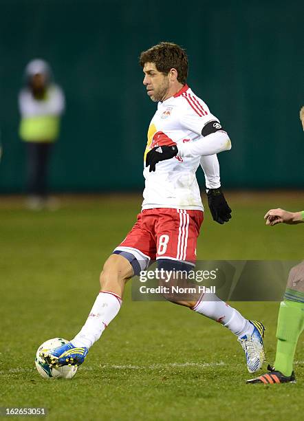 Juninho of the New York Red Bulls brings the ball up field against the Seattle Sounders at Kino Sports Complex on February 20, 2013 in Tucson,...