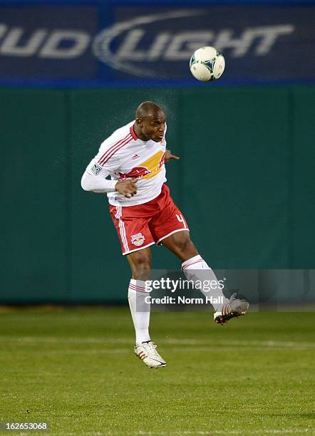 Jamison Olave of the New York Red Bulls heads the ball up field against the Seattle Sounders at Kino Sports Complex on February 20, 2013 in Tucson,...