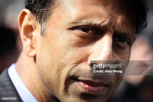 Louisiana Gov. Bobby Jindal speaks to members of the press after a State Dining Room meeting with U.S. President Barack Obama at the White House...
