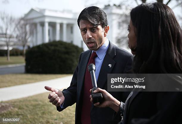 Louisiana Gov. Bobby Jindal speaks to members of the press after a State Dining Room meeting with U.S. President Barack Obama at the White House...